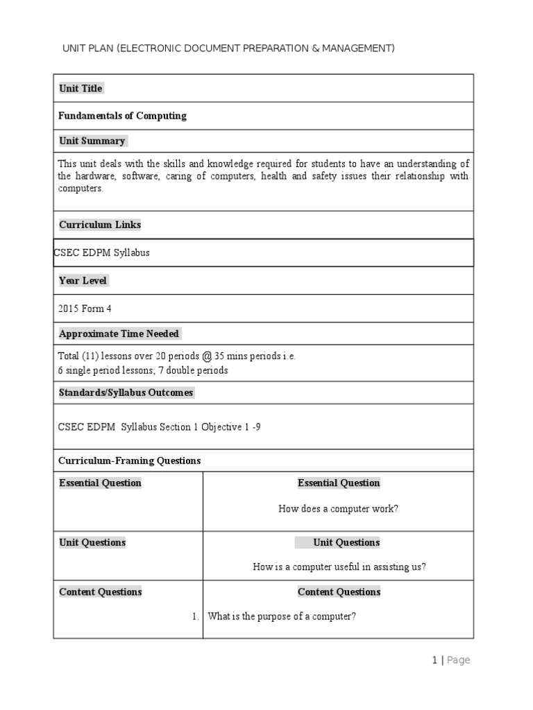 CSEC EDPM Unit Plan Overview | PDF | Educational Assessment | Brainstorming