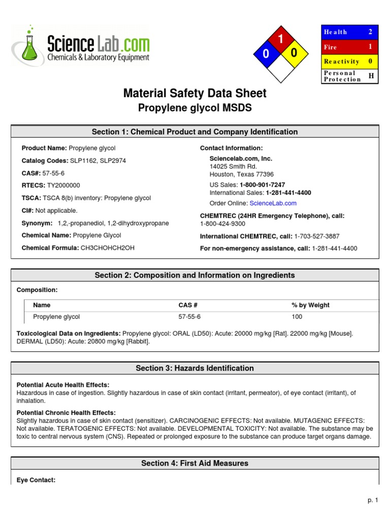 Propylene Glycol MSDS Section 1 Chemical Product and Company