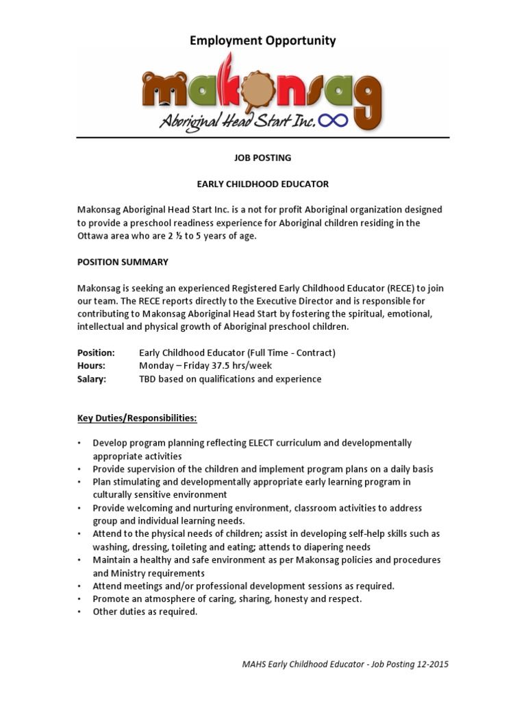 Makonsag Aboriginal Head Start (Ottawa) PDF Preschool Early Childhood Education