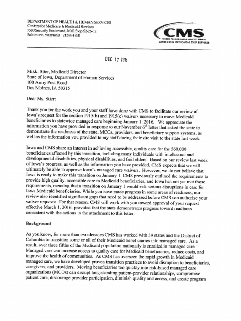 Centers For Medicare and Medicaid Services Letter To Iowa PDF
