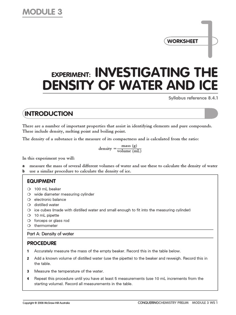 Conquering Chemistry Module 3 Worksheet 1 PDF Density Volume
