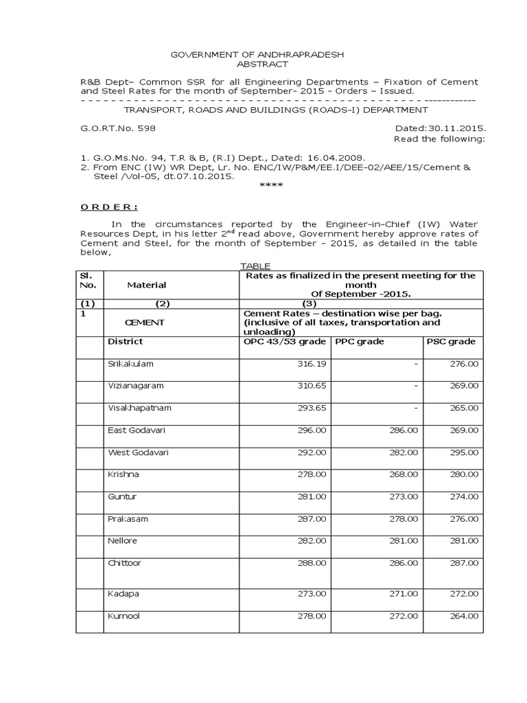 Cement and Steel Rates in AP - Sept 2015 | PDF | Science & Mathematics ...