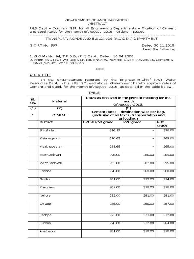 Cement and Steel Rates For The Month of Aug-2015 | PDF | Transition ...