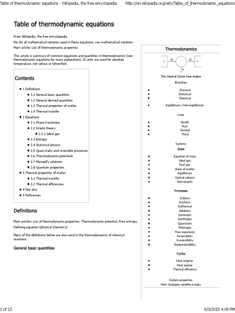 Table of Thermodynamic Equations - Wikipedia; The Free Encyclopedia