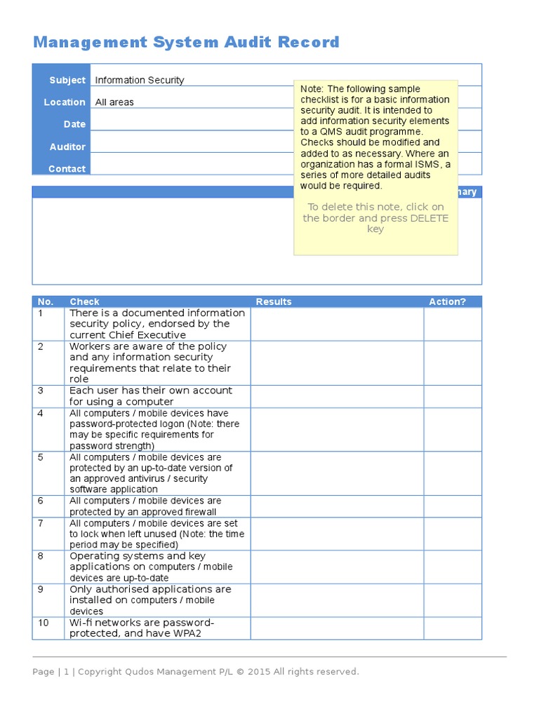 Management System Audit Record: Subject Location Date Auditor Contact | PDF