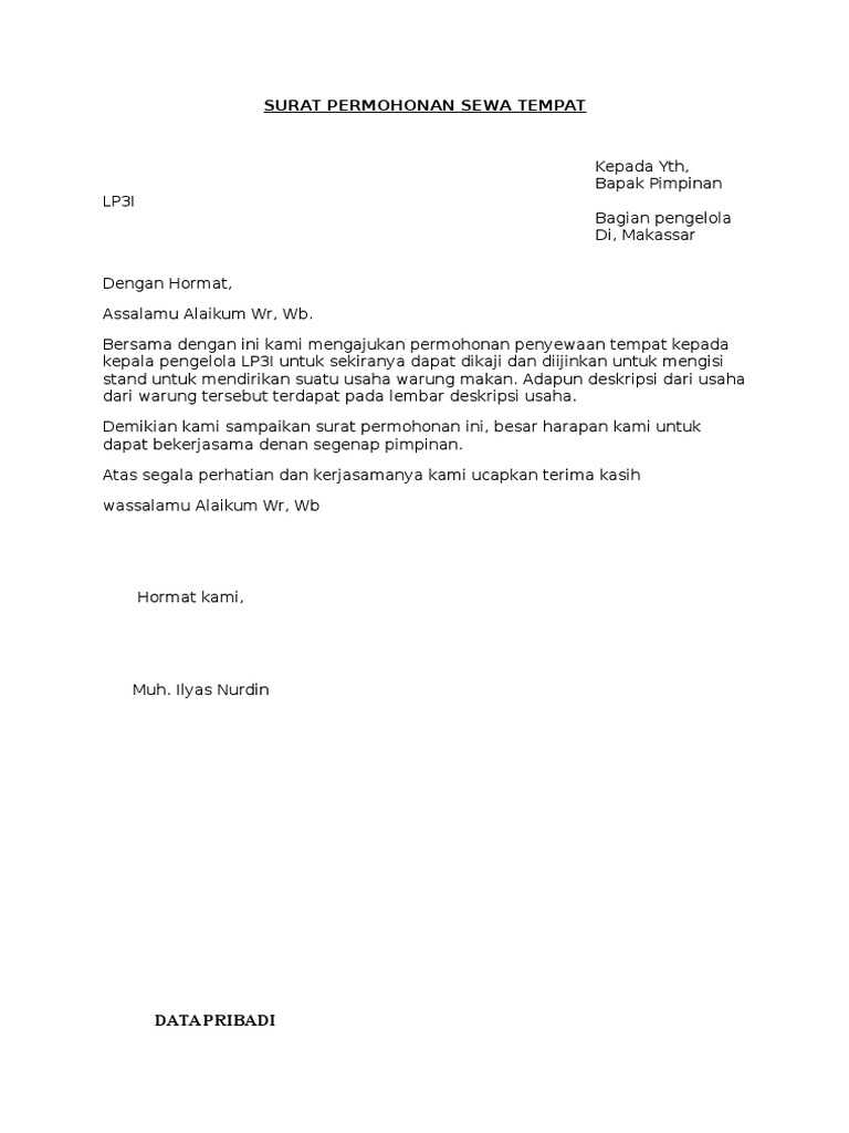 Surat Permohonan Sewa Tempat Pdf