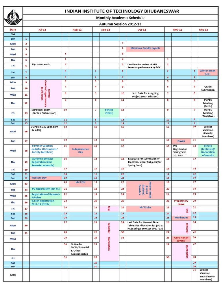 IIT Bhubaneswar Academic Schedule 2012-13 | PDF