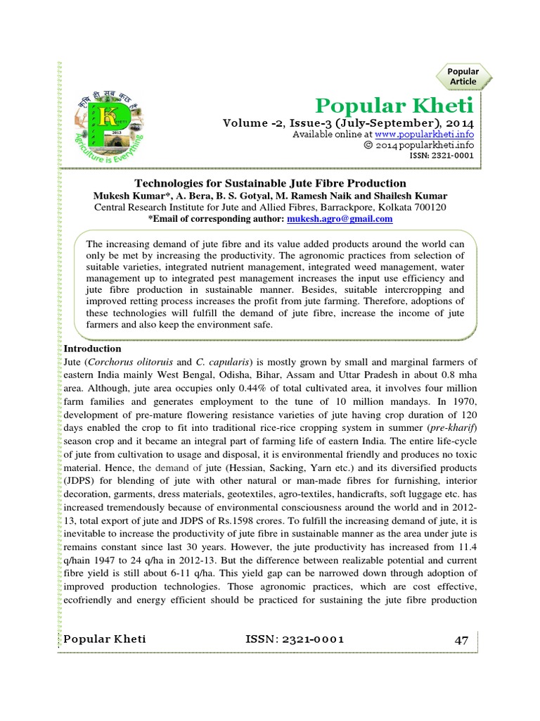 Technologies For Sustainable Jute Fibre Production PDF Sowing