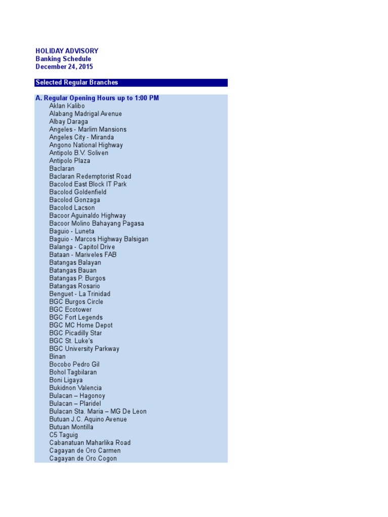 BDO Holiday Schedule Dec 24 Metro Manila Philippines