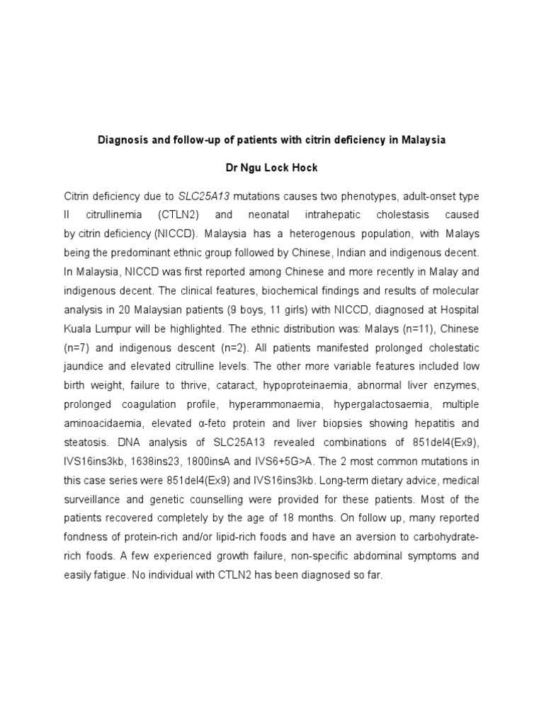 Citrin Deficiency Diagnosis in Malaysia | PDF | Wellness
