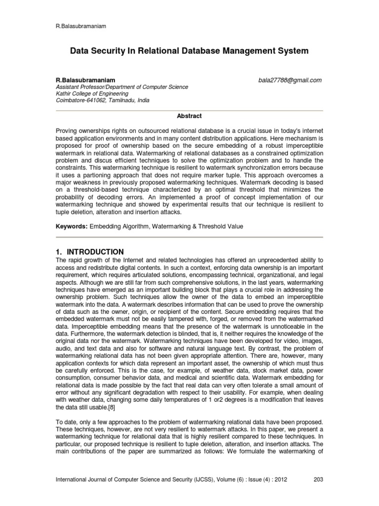 IJCSS-722Data Security in Relational Database Management System | PDF ...
