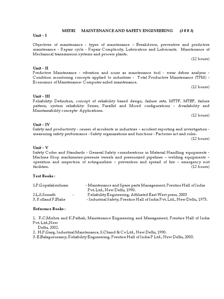 Met82 Maintenance and Safety Engineering (3 0 0 3) Unit - I | PDF