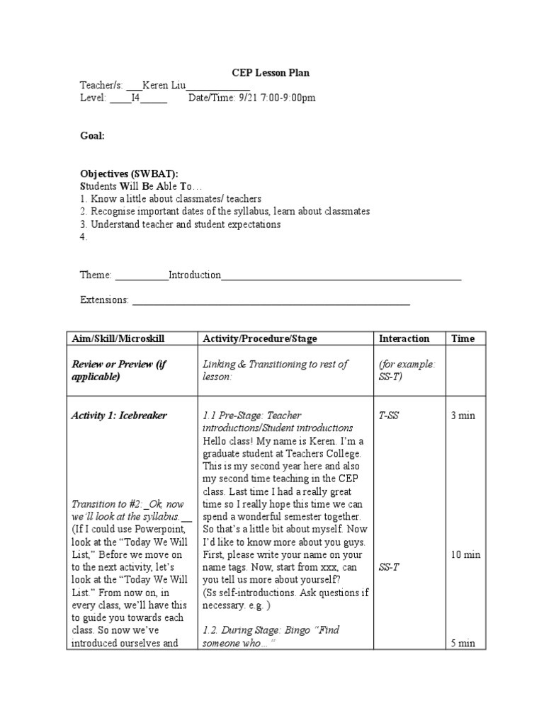 CEP Lesson Plan: Review or Preview (If Applicable) | PDF | Lesson Plan ...