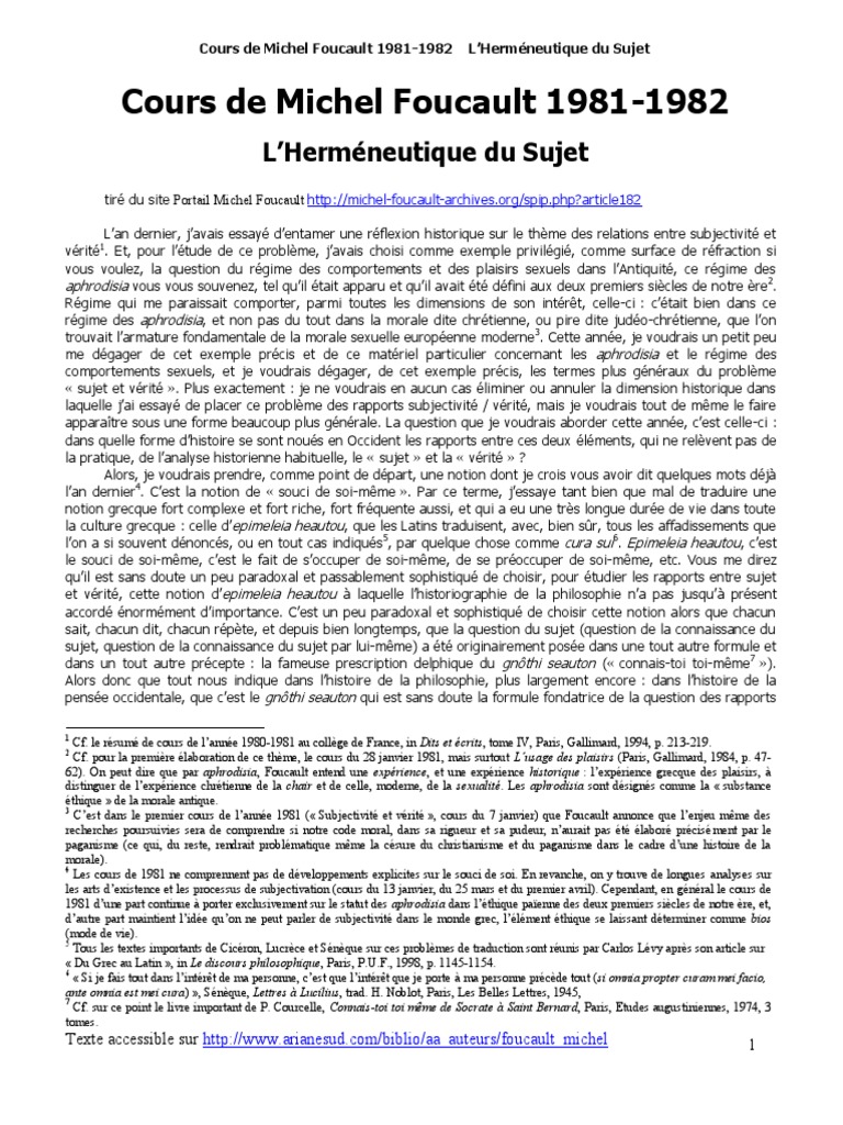 Foucault Hermeneutique Du Sujet | PDF | Socrate | Moralité
