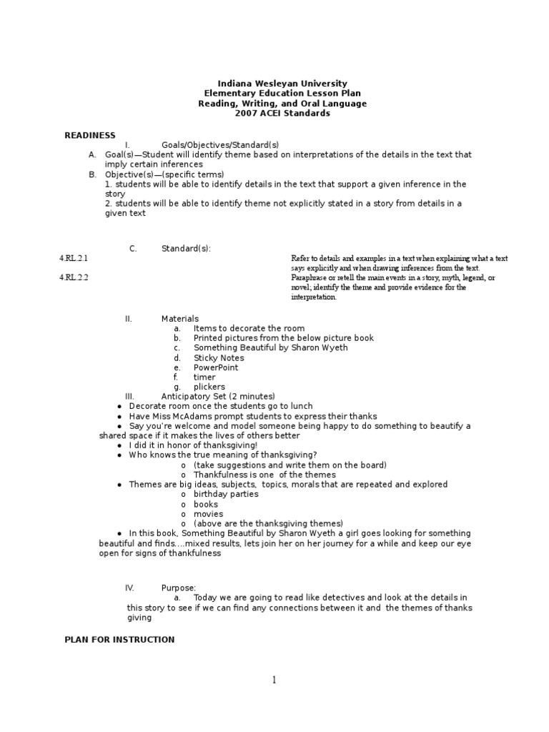 Indiana Wesleyan University Elementary Education Lesson Plan Reading ...