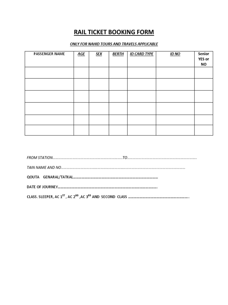 Nahid Tours Train Ticket Booking Form | PDF