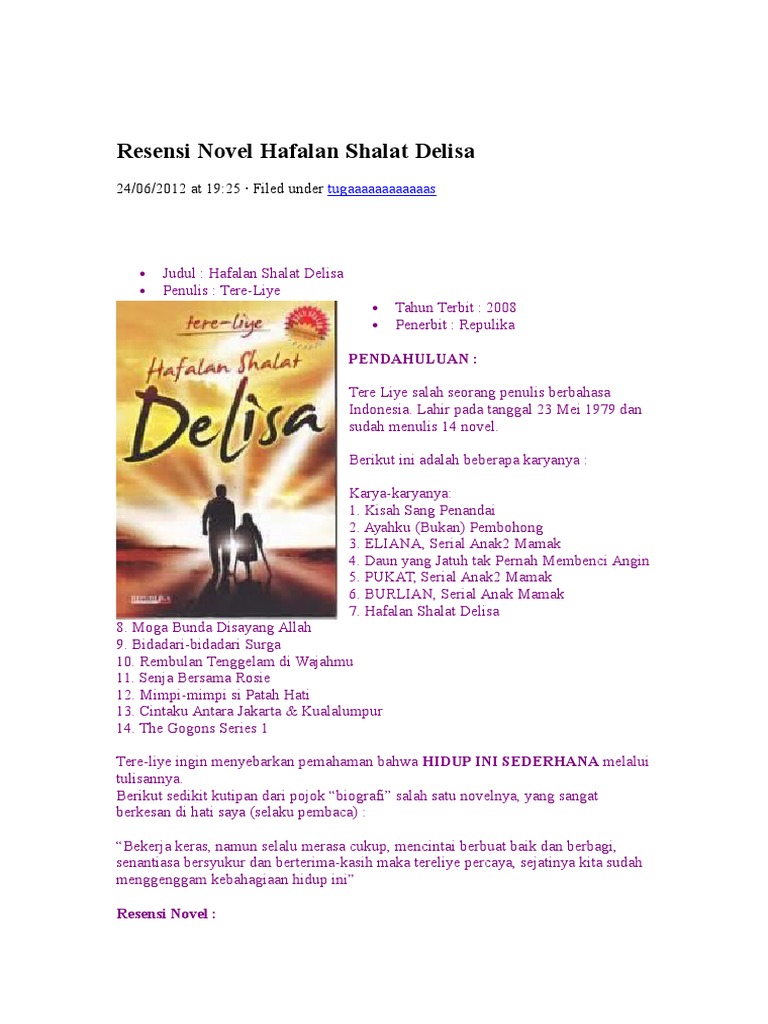 Resensi Novel Hafalan Shalat Delisa Tugas Sekolahku