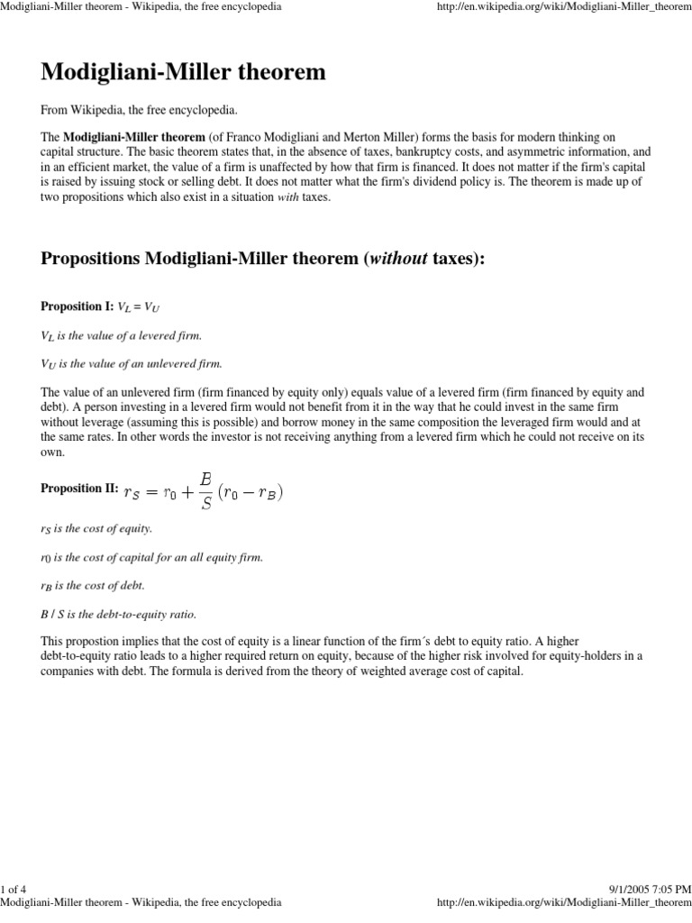Modigliani Miller Theorem | PDF | Capital Structure | Cost Of Capital