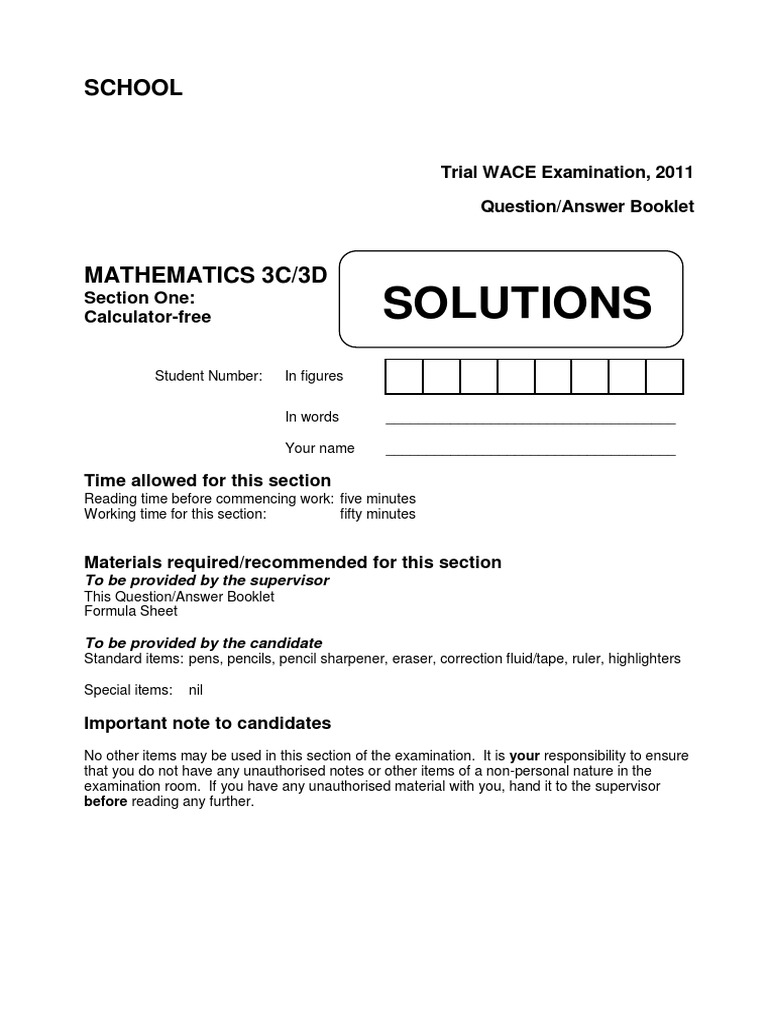 2011 Practice WACEexam Section 1 Calculator Free Solutions | PDF | Test ...