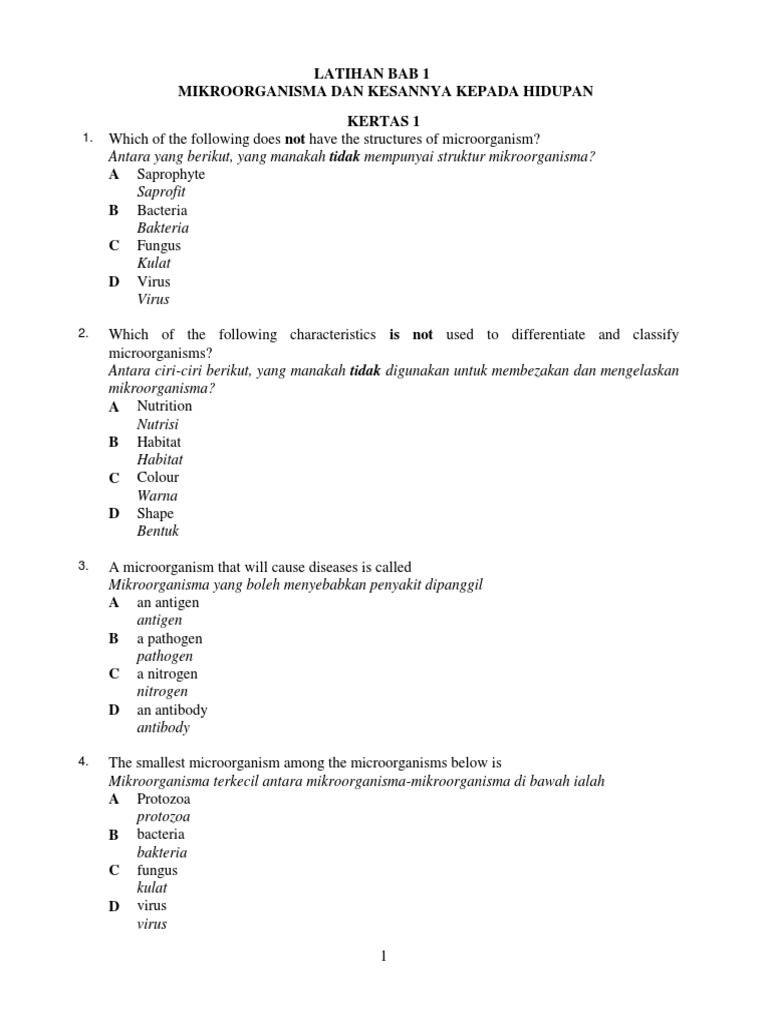 Latihan Sains Bab 1 Mikroorganisma Dan Kesannya Kepada Manusia Pdf