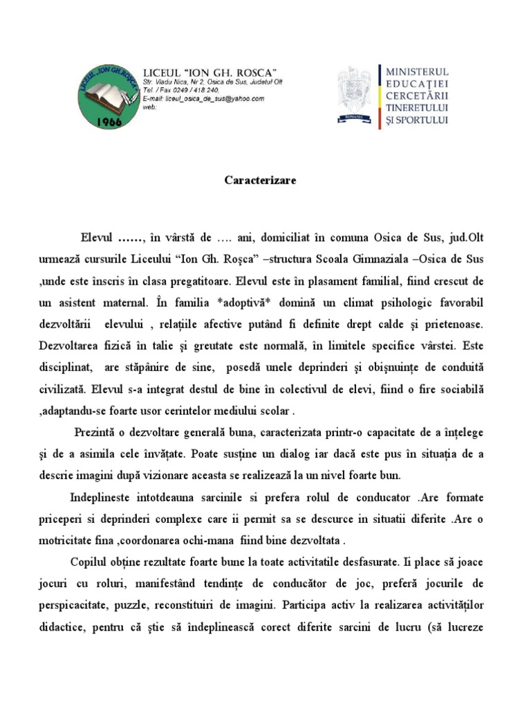 Caracterizare Elev