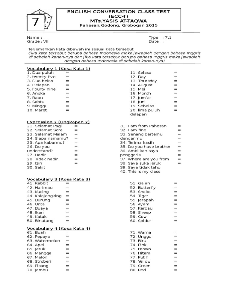 English Conversation Class Test | PDF