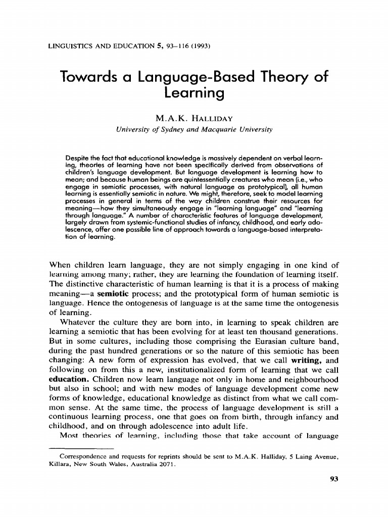 Towards a Languagebased Theory of Learning_Halliday Linguistics