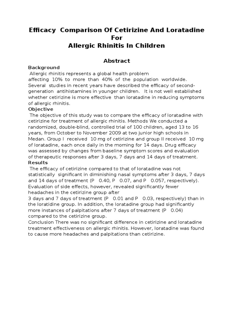 Efficacy Comparison of Cetirizine and Loratadine For Allergy