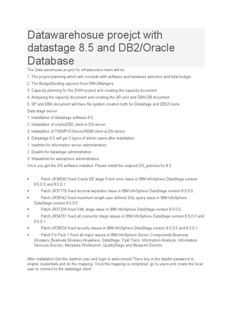 Data Warehouse Project with DataStage 8.5 | PDF | Oracle Database | Ibm Db2