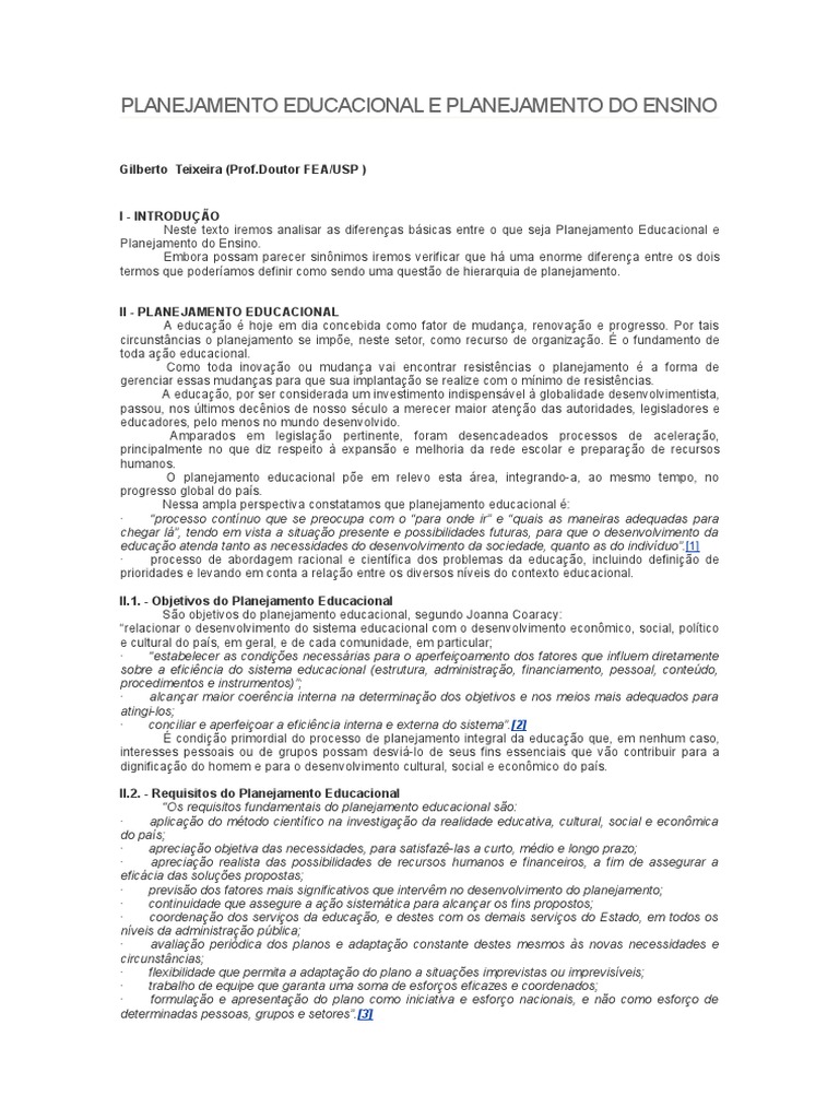 Planejamento Educacional e Planejamento Do Ensino | PDF | Planejamento ...