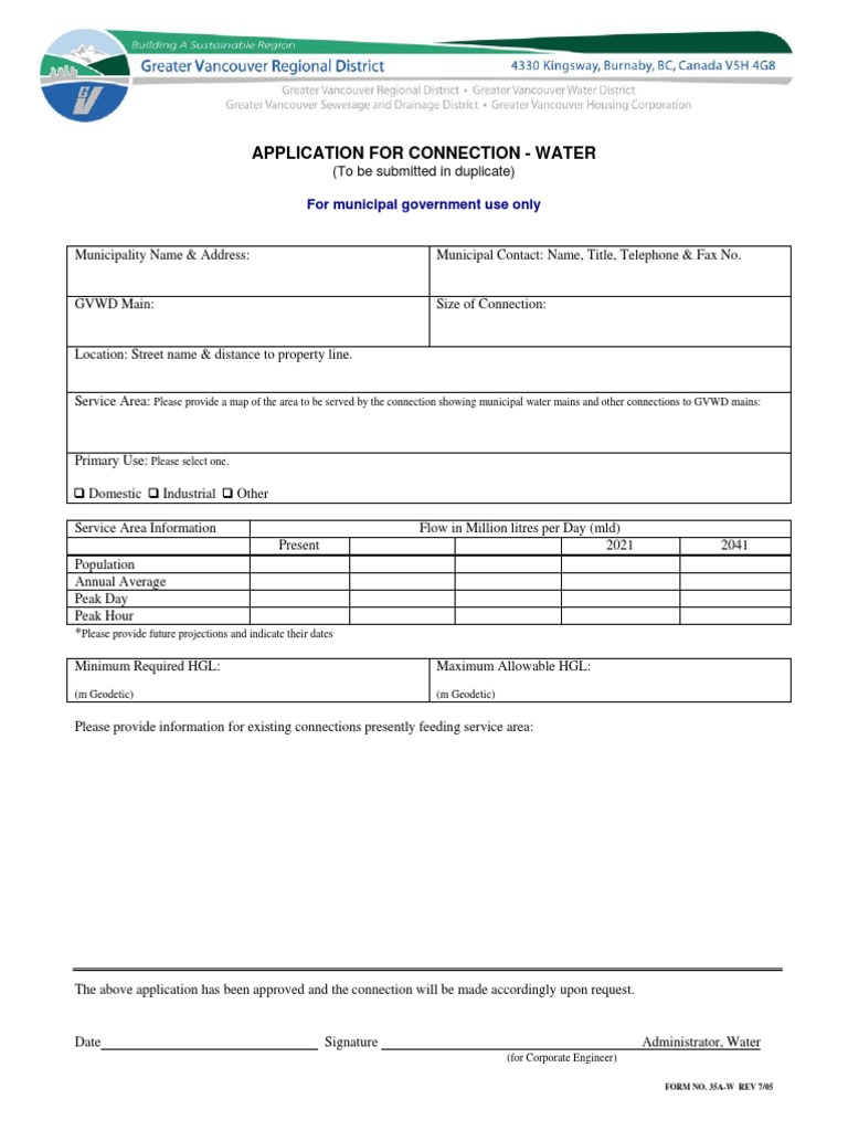 Application For Connection - Water: For Municipal Government Use Only ...