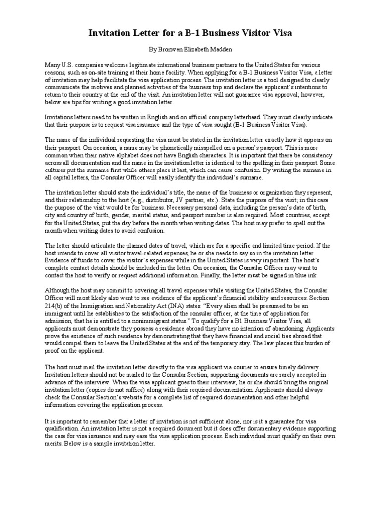 Invitation Letter For A B-1 Business Visitor Visa | PDF | Travel Visa |  Government, image size:768x1024