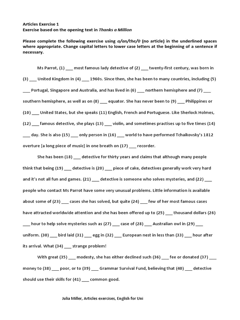 Articles Exercises 1 Noun Linguistics