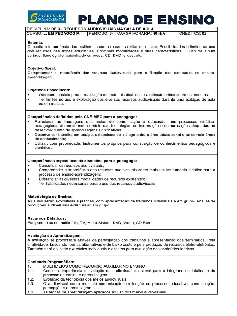 Modelo Plano de Ensino | PDF | Pedagogia | Comunicação