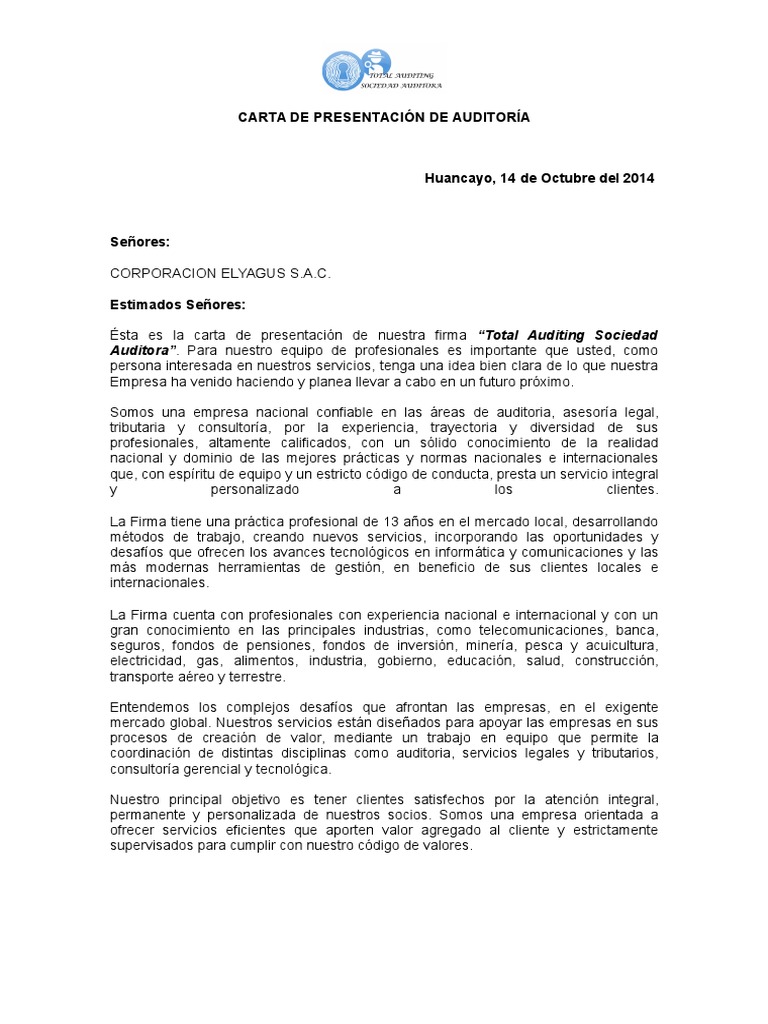 Carta de Presentación de Auditoría