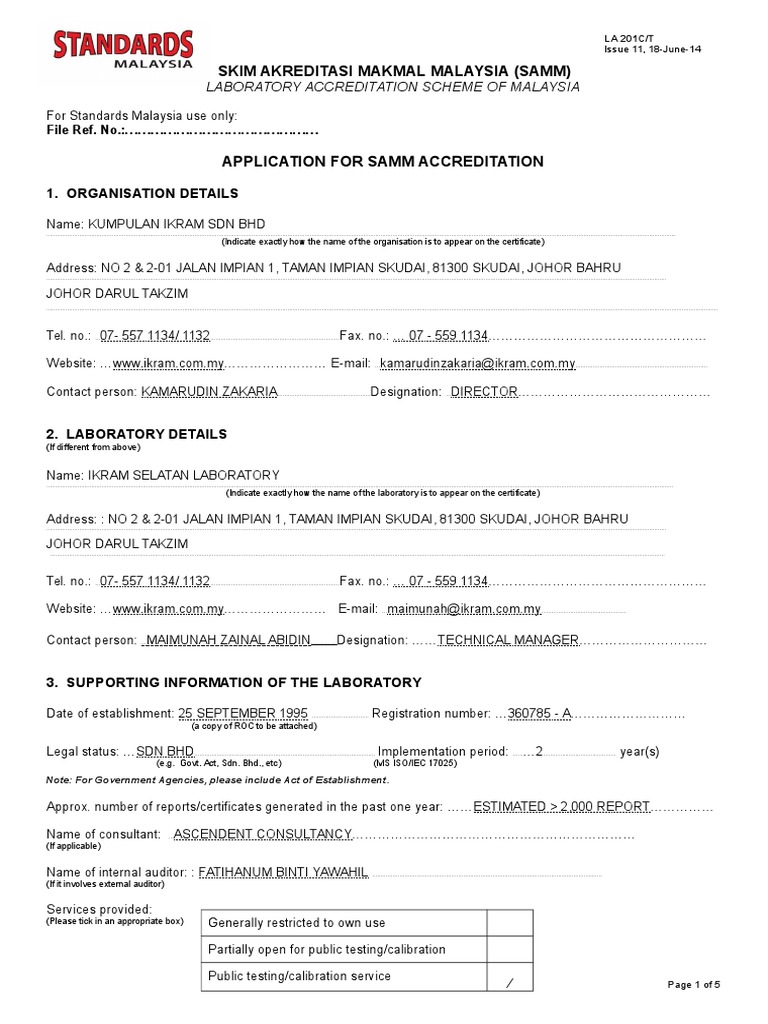 SAMM Accreditation Application for IKRAM | PDF | Calibration | Metrology