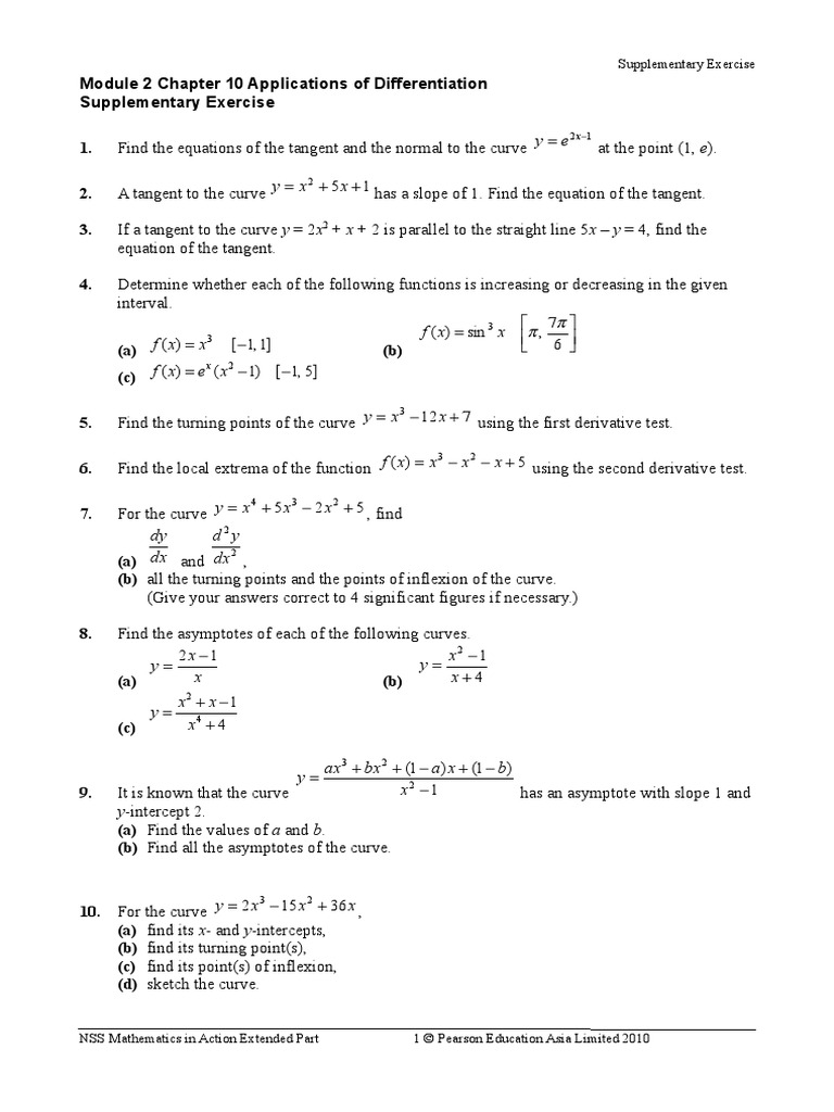 m2 CH 10 Application of Differentiation Supp Ex | PDF | Tangent | Asymptote