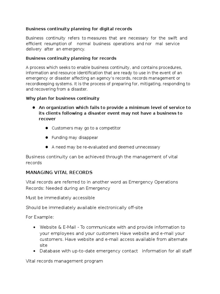 Business Continuity Planning For Digital Records PDF Records