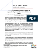 Boletín 057 Ministerio de Hacienda Levanta Medida Se Suspensión de Giros a La Secretaría de Salud Del Cauca