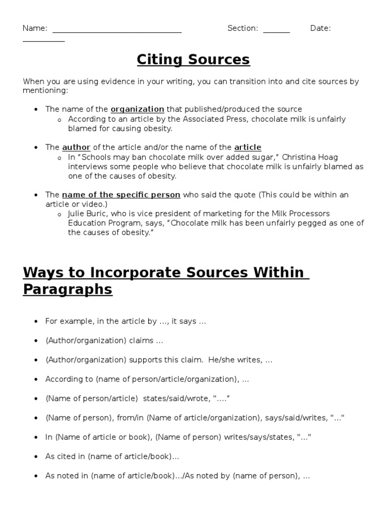 Citing Sources Sheet | PDF