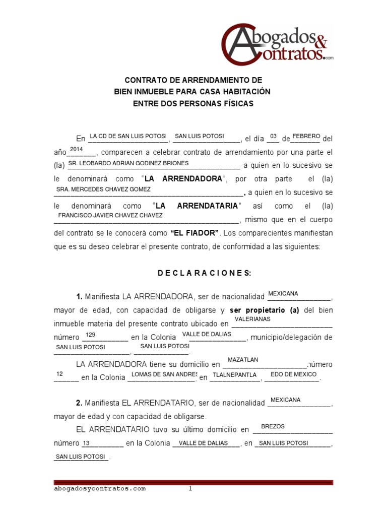 Contrato De Arrendamiento Para Llenar Alquiler Derecho Y