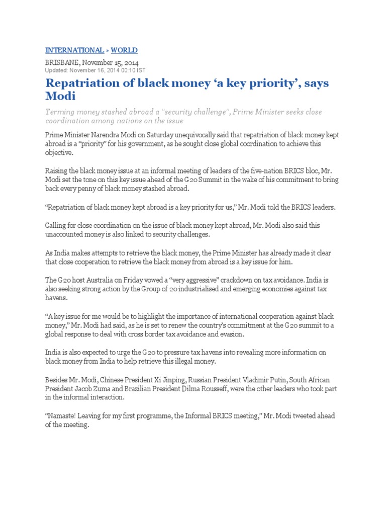 Modi Prioritizes Black Money Repatriation | PDF