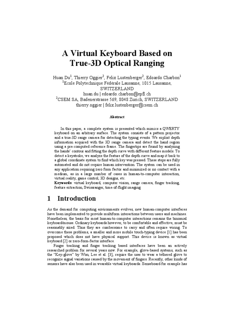 A Virtual Keyboard Based On True-3D Optical Ranging | PDF | Games ...