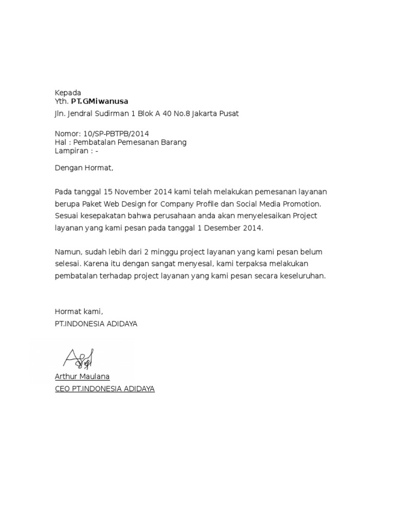 Contoh Surat Pembatalan Pemesanan