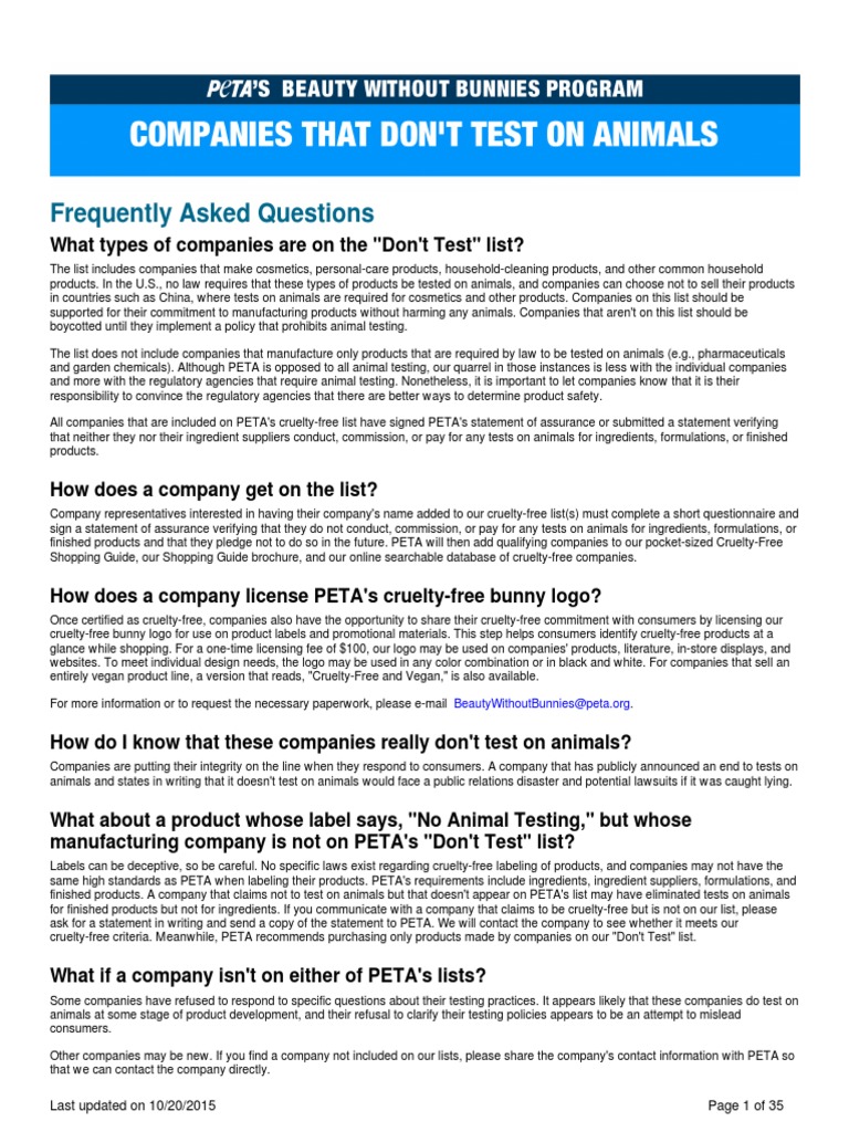 Companies Dont Test Animals PDF People For The Ethical Treatment Of