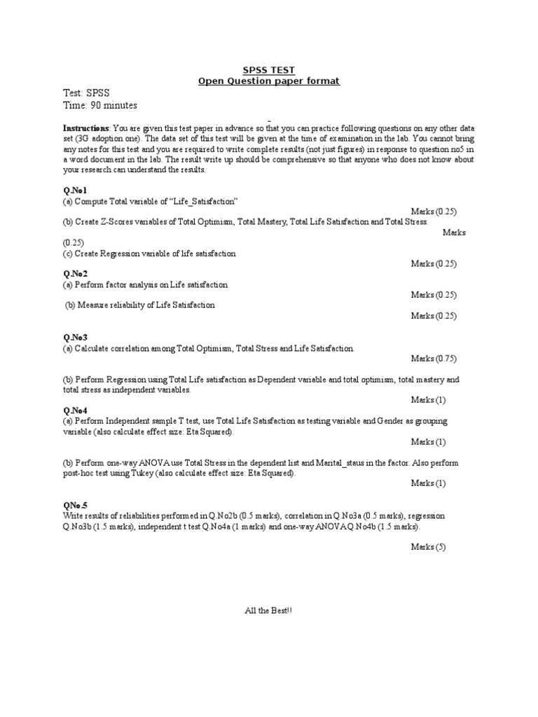 Test: SPSS Time: 90 Minutes | PDF