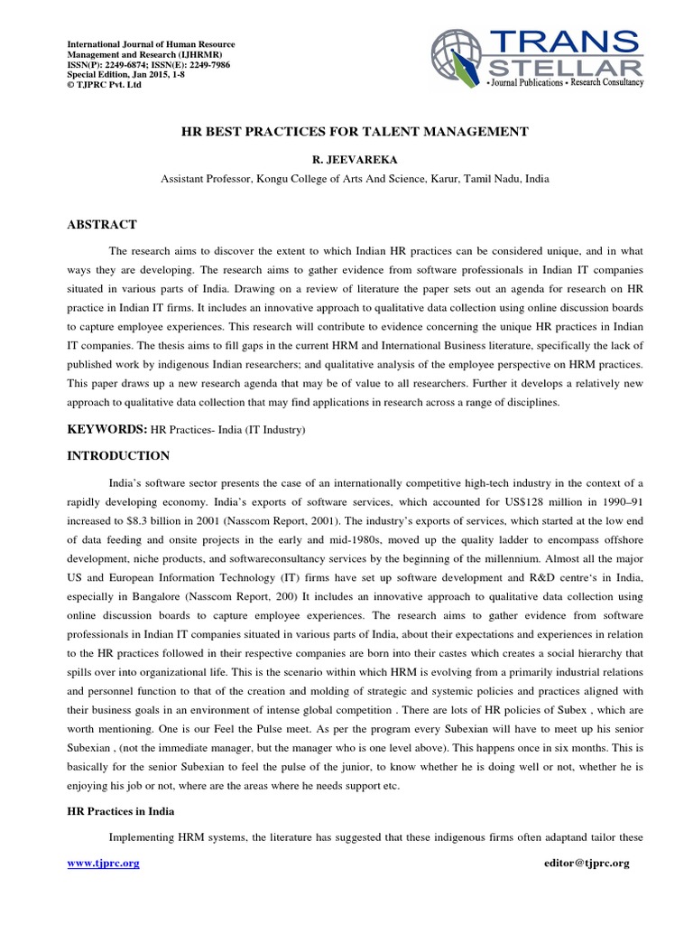 Human Resources - Ijhrmr - HR Best Practices For - Jeevareka | PDF ...