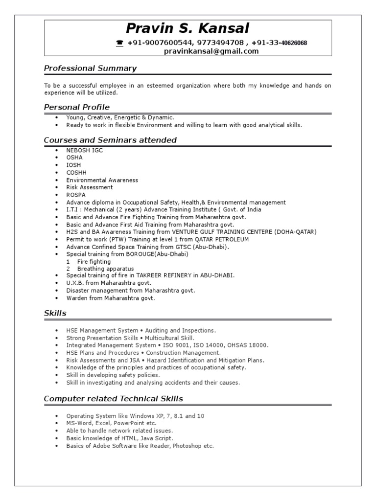 Resume format for experienced safety officer picture