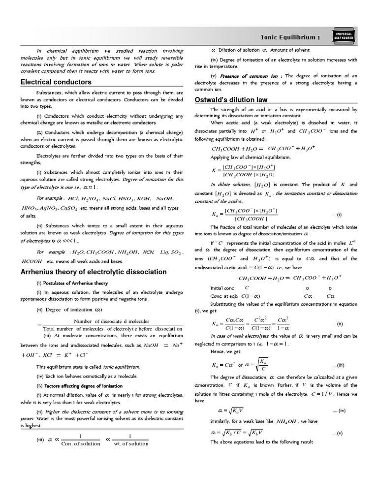 01 Ionic Equilibrium Theory Final E Pdf Pdf Dissociation Chemistry