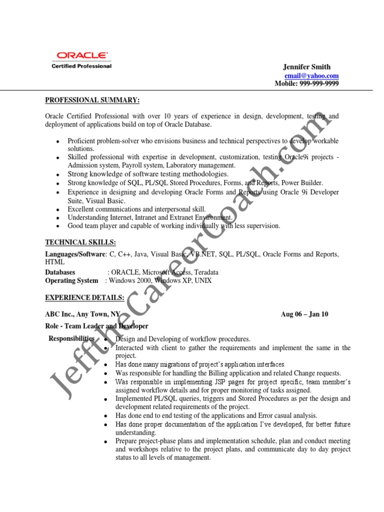 PL SQL Developer Sample Resume | PDF | Oracle Database | Sql